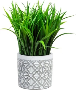 Künstliche grüne Graspflanzen im grauen Zementtopf, dekorativer runder Pflanzgefäß - Bild 1 von 7