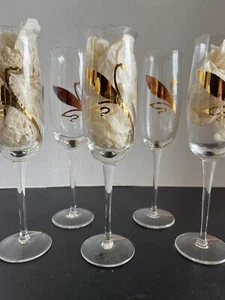 5 Swarovski Crystal Wine Flutes Gold Flower Design - Picture 1 of 1