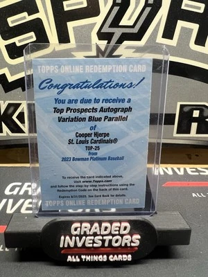 2023 Bowman Platinum Auto Rc Autograph Blue Cooper Hjerpe Redemption /150 Rookie - Image 1 of 2