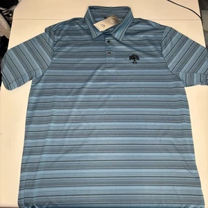 Adidas Mens Polo Shirt Large Blue Striped Pullover Snap Prime Green Casual  - Picture 1 of 12