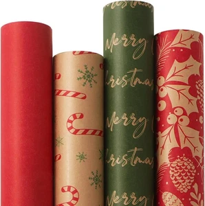 Ribbli Christmas Wrapping Paper, 4 Rolls Brown Red Green Kraft Vintage Wrapping  - Picture 1 of 5