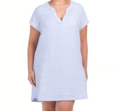 Tahari 100% Linen Blue Striped V-Neck Tunic Dress 2X - Image 1 of 4