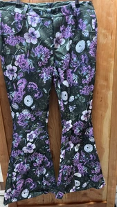 Pantalone donna stile vintage fondo a campana stampa floreale verde viola | Taglia Large - Foto 1 di 2