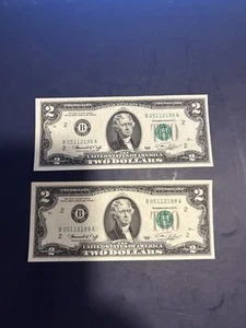 RARE set of 2 1976 $2 dollar bills uncirculated low consecutive serial number  - Picture 1 of 1