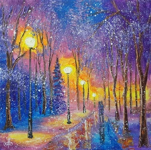 Original Oil Winter Landscape Painting Snow Park Alley Evening Scene - Picture 1 of 24