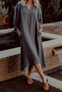 Ocean + Main LA Gaze Kleid mit Taschen anthrazit grau Übergröße 2X Kaftan Lagenlook - Bild 1 von 11