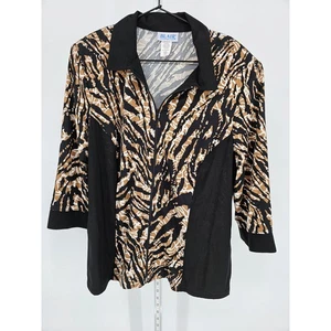 Blair Womens Sz L 3/4 Sleeve Zip Ip Jacket Animal Print Black Tan Collared - Picture 1 of 4