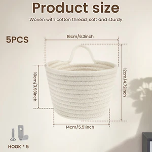 5 Pcs Wall Hanging Baskets with Hooks Soft Woven Storage Baskets Aesthetic US☮ - Picture 1 of 11