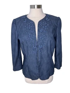 Dana Buchman Denim Jacket Womens 3D Floral Lined Blazer Stretch 8 Puff Sleeves - Picture 1 of 17