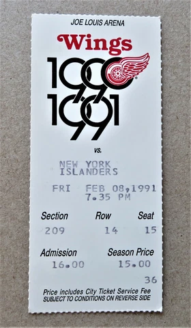 Red Wings vs New York Islanders ticket stub Feb 08, 1991 - Fedorov 2 Goals Cover