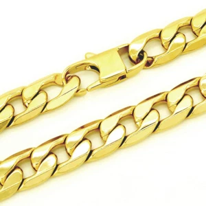 12mm Heavy Gold Necklace 18K Solid Cuban Jewelry Curb Chain Polish Waterproof - Picture 1 of 24