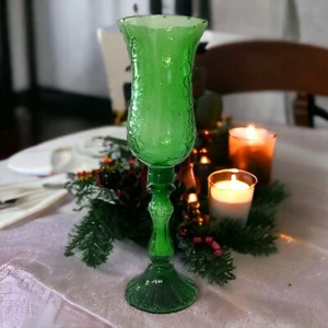 Empoli Glass Tall Candle Holder Hurricane Green Emerald Embossed Fairy Witchy - Picture 1 of 17
