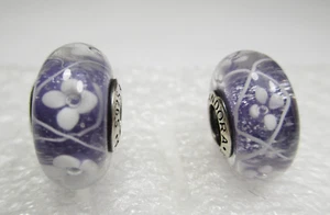 2 Purple Field of Flowers Lavender Spring Pandora Murano Glass Charms February - Picture 1 of 1