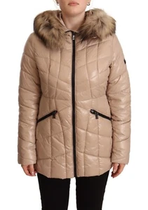 FRACOMINA JEANS Jacket Full Zip Quilted Beige Fur Padded Hooded IT40/US6/S $350 - Picture 1 of 12