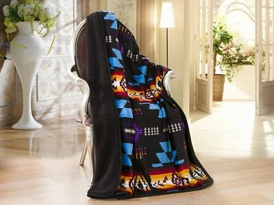 Navajo Print Black Throw Blanket Sherpa Southwest Native American Indian - Image 1 of 4
