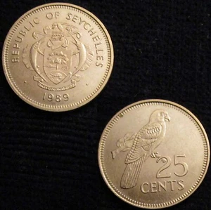 SEYCHELLES, 25 CENTAVOS 1989, LORO NEGRO, SIN CIRCULAR. - Imagen 1 de 1