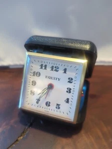 Equity Vintage Travel Alarm Clock Wind Up Fold Up Style in Black Case Works - Picture 1 of 5
