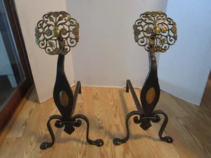 Antique Arts and Crafts Andirons Hewn Iron & reticulated Vase Brass Medallions - Picture 1 of 12