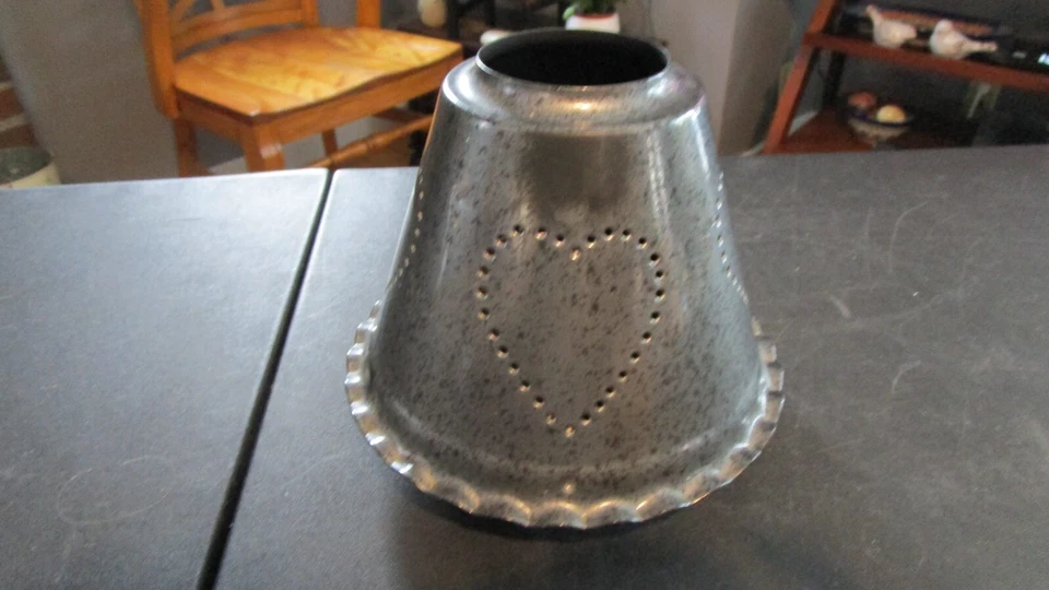 GRAY TIN PUNCHED METAL CANDLE JAR SHADE HEARTS - Image 1 of 4