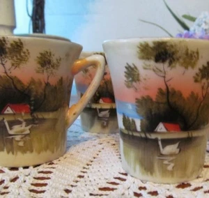 Tea Cups Small Rare Handpainted Pieces Swan Sunset House Bone China Japan 4pc - Picture 1 of 6
