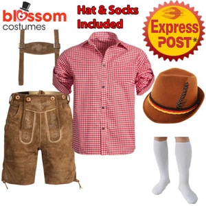 K222 Authentic German Brown Faux Suede Lederhosen Oktoberfest Beer Mens Costume - Picture 1 of 9