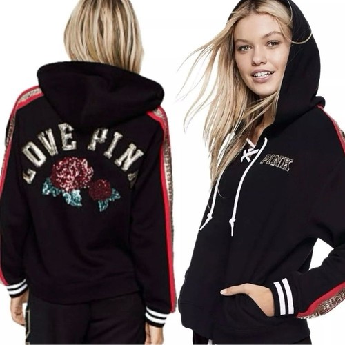 UNDERCOVER Felpa con cappuccio Victoria Secret rosa donna amore rosa stringata nera taglia media rose paillettes