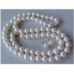 COLLAR PERLAS BLANCAS MAR SUR ORO 14K 9-10mm 18" Pulsera 7" Conjunto Pendientes - Imagen 1 de 3