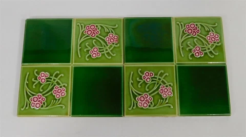 2 ANTIQUE MAJOLICA TILES 6" BELGIUM HEMIXEN C1900 ART NOUVEAU GREEN PINK BERRIES Cover