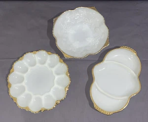 Vintage Anchor Hocking Devilled Egg Plate Fruit Bowl & Divide Dish Milk Glass - Picture 1 of 6