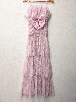 Vintage Candi Jones California Pink Lace Tiered Dress 80s Prom Coquette S/M - Image 1 of 4