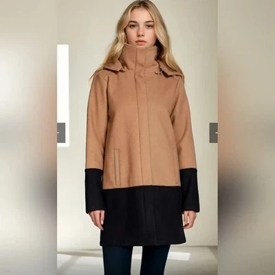 Abrigo Mia Melon Kendra Camel Colorblock Impermeable Mezcla Lana GRANDE Foto 1 de 4