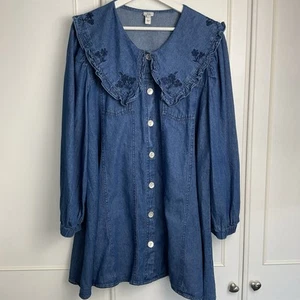River Island Large Collar Denim Dress UK 12 Blue Embroidered Mini Buttoned - Picture 1 of 14