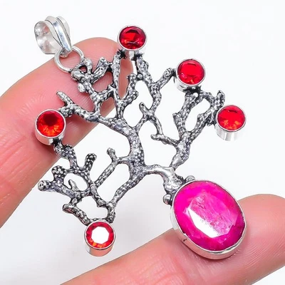 Ruby(Simulated), Garnet Gemstone 925 Sterling Silver Jewelry Pendant 2.64" t424 - Image 1 of 2