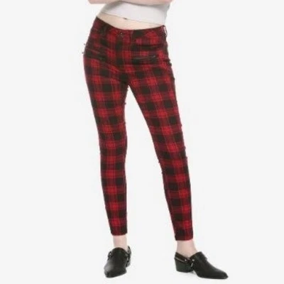 Pantalones de mezclilla súper ajustados Hot Topic HT tiro alto talla 1 rojo negro algodón a cuadros azul Foto 1 de 4