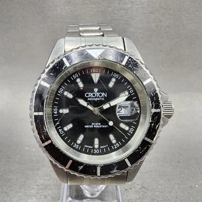 Croton Aquamatic Watch Men 43mm Black Dial Silver Tone Round Date New Battery - Image 1 of 4
