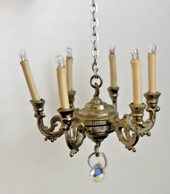Antique Chandelier German Soft Metal w/ Candles Glass Bulbs Dollhouse Miniature - Image 1 of 4