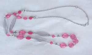 Dark pink large white crystal silver tone chain beaded necklace up to 38 in long - Picture 1 of 5