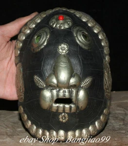 Tibetan Old Silver Wood Wealth Year Fish Flower Evil Beast Skull Head Mask - Picture 1 of 7