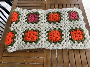 Granny Square Afghan Throw Blanket Cream Green Orange Pink 62”x74” Handmade Vtg - Picture 1 of 4