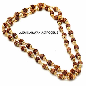 RUDRAKSHA WITH GOLD PLATED CAP MALA 5 MUKHI FACE RUDRAKSH BEADS ENERGIZED - Picture 1 of 1