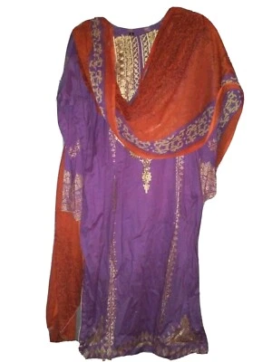 Pakistani Purple Cotton Salwar Kameez with Orange dupatta 3 piece New XL - Image 1 of 2