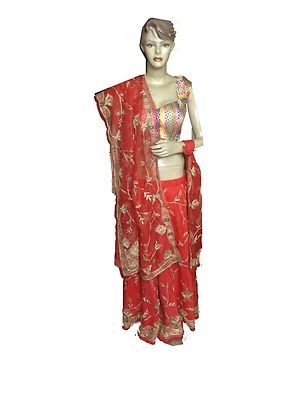 Om Vintage Indian Wedding Chiffon Hand Beaded Red Lehenga Blouse Dupatta LP3 - Image 1 of 4