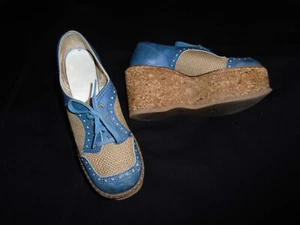 DISCO Blue & Tan OXFORD Vintage 1970's Women's Cork PLATFORM Shoes 5.5 6 - Picture 1 of 8