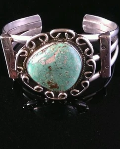 Brazalete nativo americano suroeste de Santa Rita turquesa plata esterlina sin firmar - Imagen 1 de 5