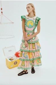 Vestido midi con volantes de porcelana Alemais para mujer 8 EE. UU. 12 AU rosa lino multicapas - Imagen 1 de 15