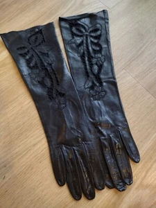 VTG 14" LONG BLACK KID LEATHER GLOVES FLORAL LACE CUT OUTS SZ 7 - Picture 1 of 4