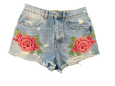 Pantalones Cortos Zara Trafaluc Mujer Talla 4 Azul Algodón Denim Floral Bordado Caliente Pantalones Foto 1 de 4