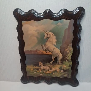 Vintage Wandbild Einhorn und Baby Einhorn lackiert Holz - Bild 1 von 9