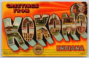 Kokomo Indiana Scenes~Indian Chief~Art-Deco 1948 carta grande postal de lino - Imagen 1 de 2