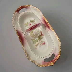 Antico cesto portapiatti porcellana tedesca sedano/asparagi manico rose oro - Foto 1 di 5